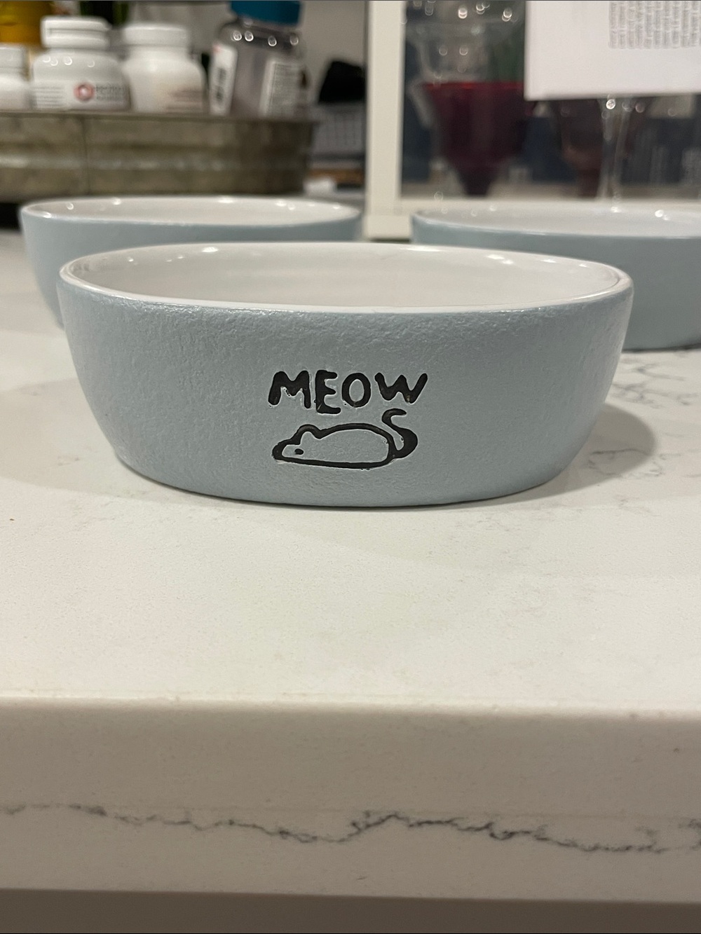Set of Three Ceramic Cat Bowl with MEOW Design - Light Blue